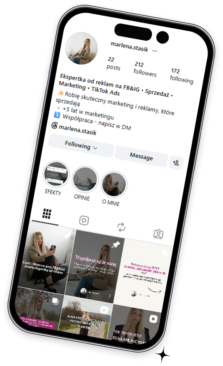 Ujęcie mock-upu telefonu, na którym znajduje się profil Instagramowy Marleny Stasik.